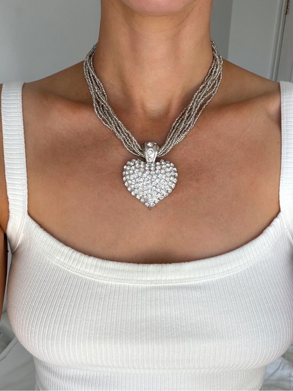 Vintage Silver Chunky Rhinestone Heart Pendant Necklace
